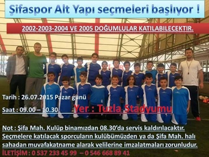 Tuzla Şifaspor 2015 Futbol Alt Yapı Seçmeleri Başlıyor